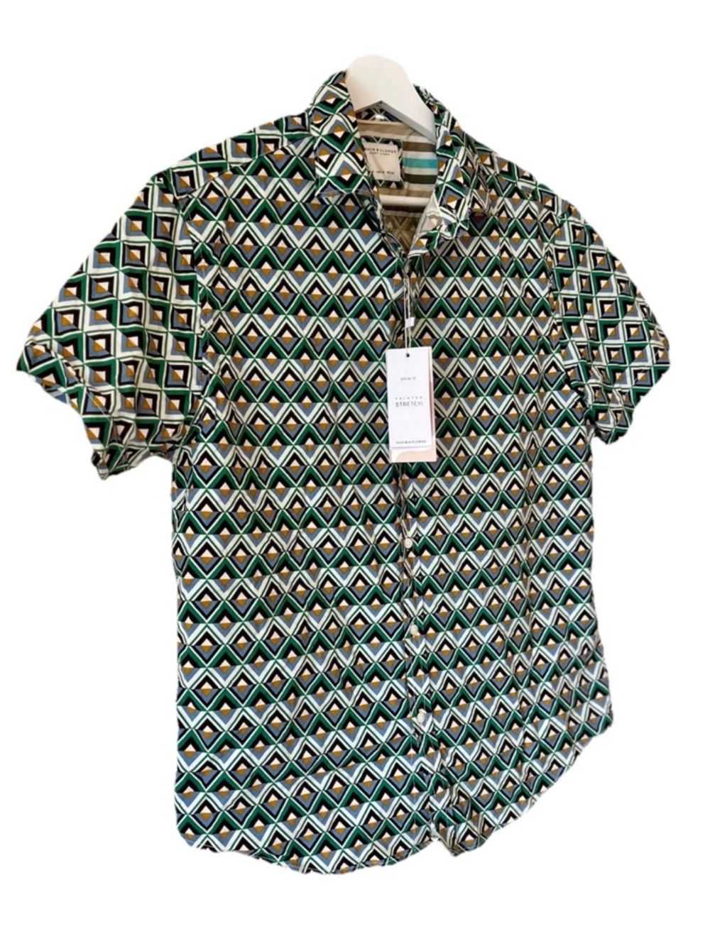 NWT Denim & Flowers Mens Geometric Print Short-Sleeve Shirt - Green Size M - Picture 2 of 7